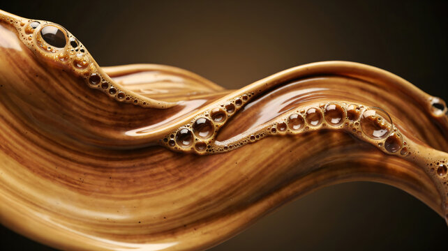 Abstract 3D render of flowing liquid coffee wave with glossy golden bubbles and smooth texture on dark gradient background, elegant beverage art for luxury, food and drink design concept.