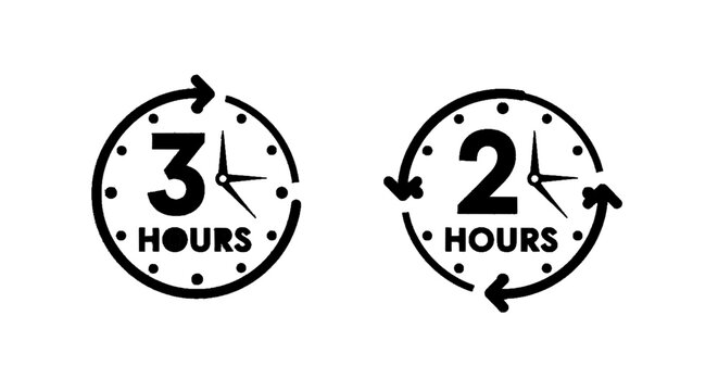Minimal black silhouette icon, simple flat vector, bold black shape, no, no shading 3 hours and 2 hours time duration clock icons, on a, flat icon style