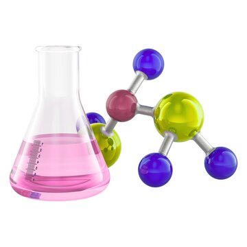 Erlenmeyer flask with pink chemical liquid and 3d molecule model isolated on white background image.
