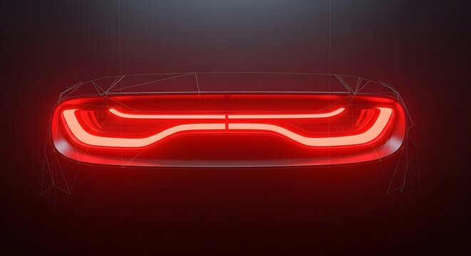 Modern red car taillight glowing with wireframe outline on dark background.