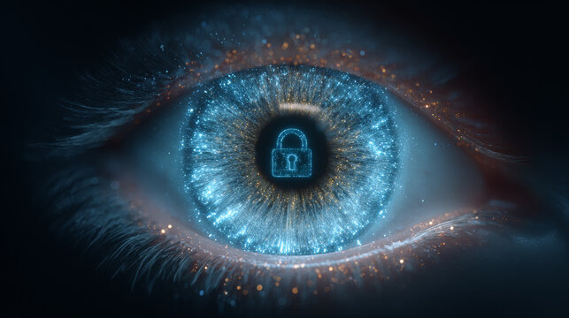 Futuristic digital eye iris scan with padlock icon, biometric cyber security concept with glowing blue data particles