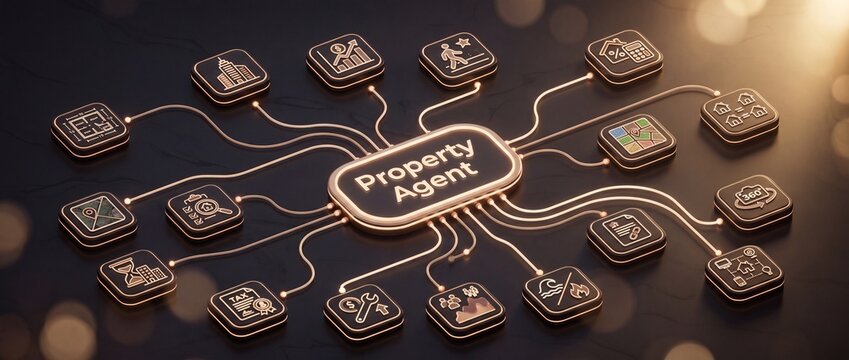 Digital network concept for real estate agency services connecting property agent core with icons for floor plans search location buildings market analysis and virtual tours representing modern