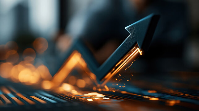 Upward growth arrow on digital chart with glowing line and blurred background, symbol of business growth strategy, finance, success, and market increase