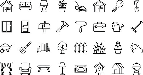 Fototapeta premium Home and Garden Icon Set with House Furniture Tools Plants and Outdoor Equipment Symbols for Real Estate and Landscaping Designs