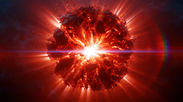 Exploding lava sphere fiery burst glowing fragment red fireball cosmic explosion dramatic light molten rock dark background hot energy