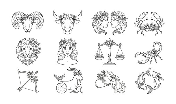 Collection of twelve stylized zodiac symbols including animals people and objects each adorned with delicate floral elements Collection of twelve stylized zodiac symbols including animals