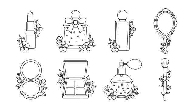 A collection of elegant cosmetic items including lipstick perfume bottles compact powder mirror and makeup brush all adorned with delicate floral embellishments beauty flowers