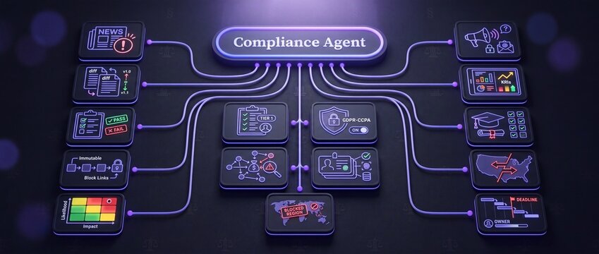 Compliance agent concept visualization with interconnected icons representing news version control passfail checks blockchain risk assessment gdpr identity verification kris education market trends