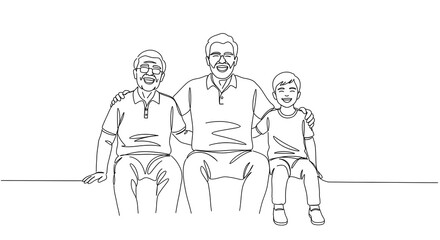 Naklejka premium Elderly Man Father Young Boy Son Sitting Together Happy Family Bonding in Simple Line Art