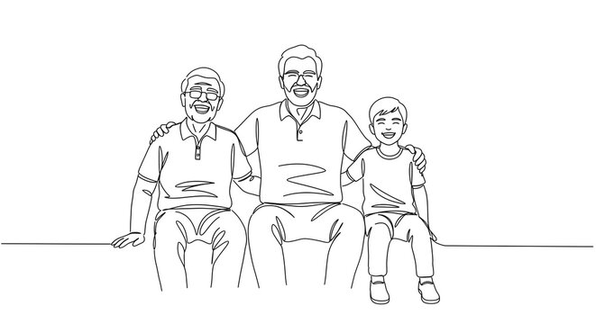 Elderly Man Father Young Boy Son Sitting Together Happy Family Bonding in Simple Line Art