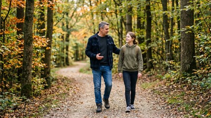 Fototapeta premium Father and daughter walking on a forest path during autumn with colorful leaves on trees and ground