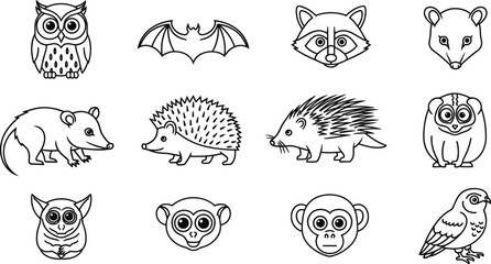 Nocturnal Animals Coloring Page Line Art Set with Owl Bat Raccoon Opossum Hedgehog Tarsier Lemur Monkey and Parrot Outline Collection © MdMustak