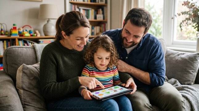 Happy family with young daughter using a tablet for educational games on the couch at home