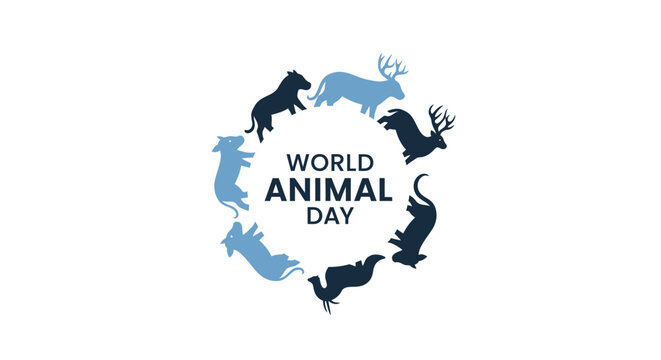 World Animal Day celebration graphic with circular arrangement of wildlife silhouettes.