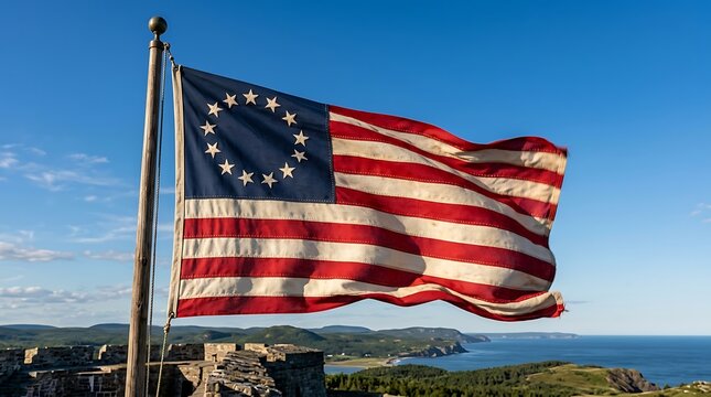 Historic betsy ross american flag waving on a pole against a bright blue sky on a sunny summer day. 13 colonies flag