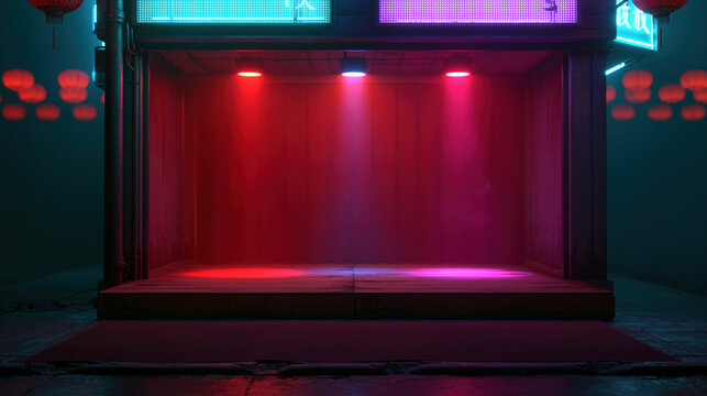Street stage empty stage neon light red light pink light blue light dark background urban scene storefront outdoor stage performance space spotlight illuminated stage modern city night scene copy