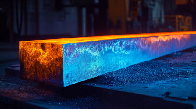 Glowing hot steel billet on a manufacturing line in a metallurgy plant, heavy industry concept