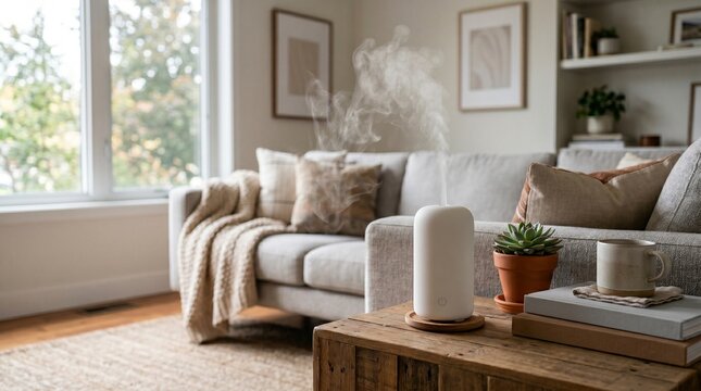 Modern living room with essential oil diffuser emitting steam next to sofa and coffee table
