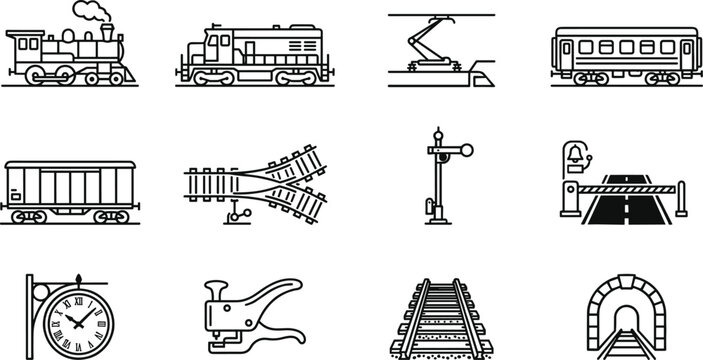 Railway Train Icon Set with Locomotive Wagon Track Signal Crossing Tunnel and Station Clock Symbols for Transportation Designs