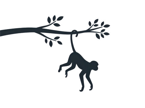A monkey hangs upside down from a tree branch in a dark silhouette against a white background.