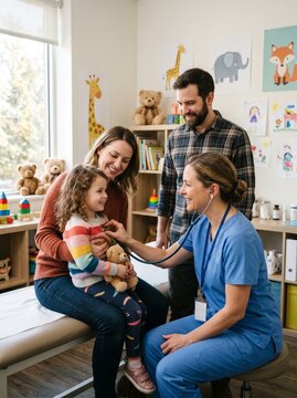 Pediatrician examines a young girl with her parents present in a child friendly doctor's office