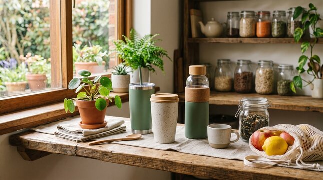Sustainable kitchen scene with reusable drinkware, fresh fruit, and pantry staples on a rustic wooden shelf