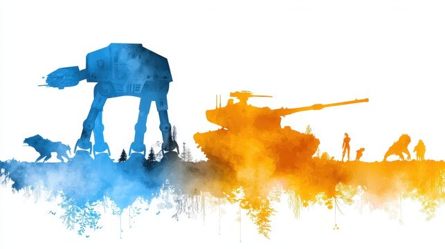Futuristic Battle Scene with Robots and Soldiers in Watercolor Style