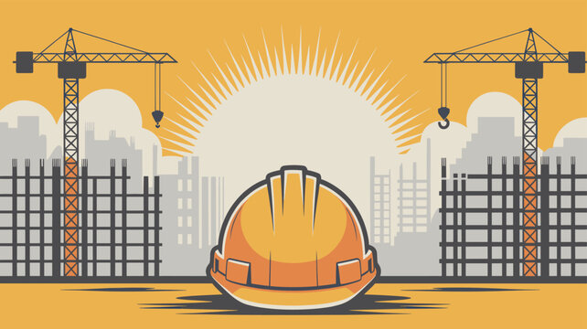 Illustration of a vibrant construction site at sunrise with towering cranes, buildings under development, and a prominent safety hard hat.
