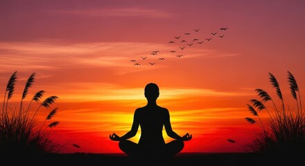 Fototapeta premium Serene silhouette meditates at sunset surrounded by tall grass with birds flying