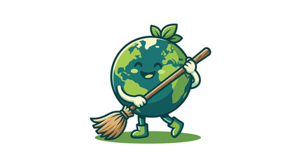 Fototapeta premium Cute Earth Character Sweeping with a Broom for Environmental Cleanup