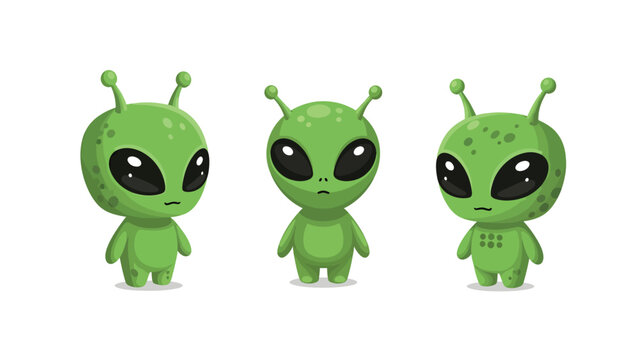 Three cute cartoon aliens with big eyes and antennae, standing against a white background.