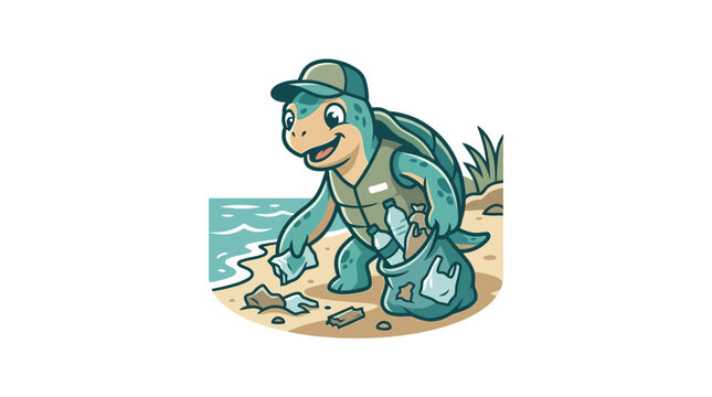 turtle picking up trash on beach