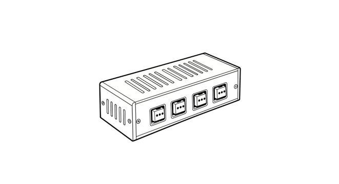 Industrial electronic control box with buttons and vents.