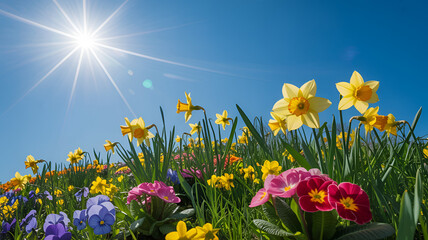Obraz premium Vibrant spring daffodils and pansies blooming under a bright sunny sky with clear blue expanse
