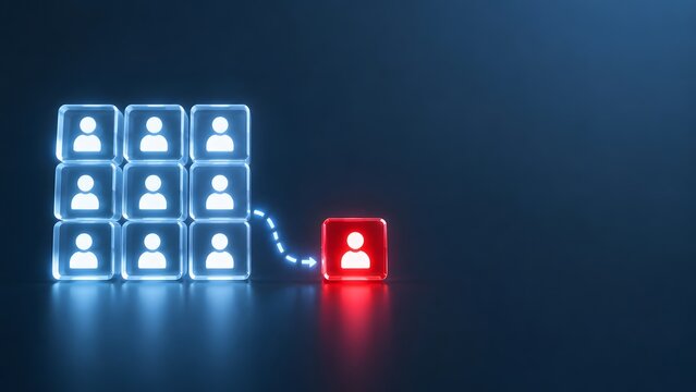 User data separation concept showing glowing red glass block breaking away from blue grid symbolizing individual targeting and analytics