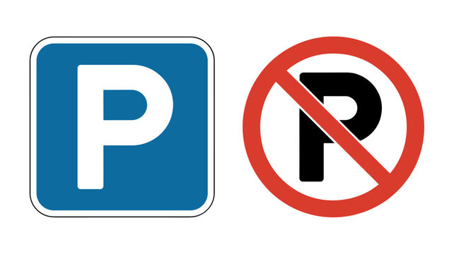 Two distinct road signs, one indicating parking allowed and the other prohibiting parking, displayed side by side on a white background.