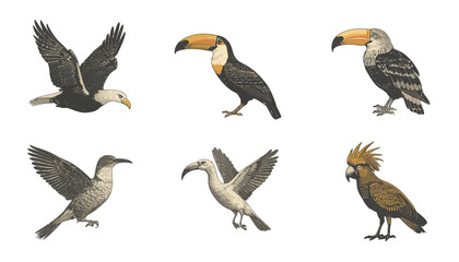 Fototapeta premium Vintage woodblock style exotic birds vector illustration set, detailed engraving flight and perched wildlife on white background