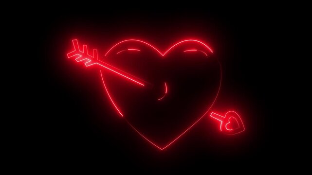 Neon red glowing heart shape with an arrow piercing through it on a black background