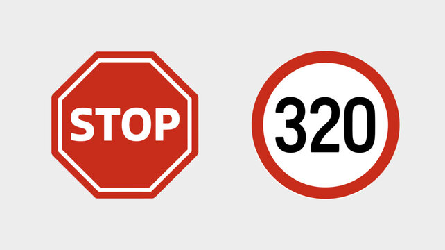 Two distinct road signs, a red octagonal STOP sign and a circular white sign with a red border displaying the number 320, against a plain background.