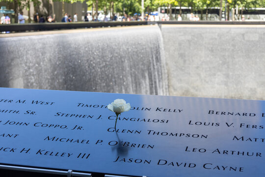 View of 9/11 victims' names and a birthday rose on the North Memorial Pool, at the National September 11 Memorial and Museum, with view of victims&rsquo; names, on June 4, 2026 in New York City, New