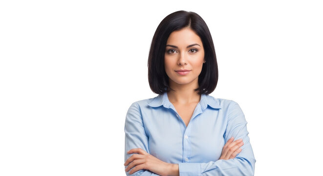 Serious young businesswoman with arms crossed looking at camera isolated on transparent background