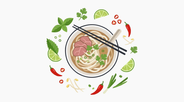 Pho Noodles From Above: A vibrant and appetizing flat lay illustration of a traditional Vietnamese pho noodle soup, artfully arranged with fresh ingredients like herbs, chili peppers, lime.