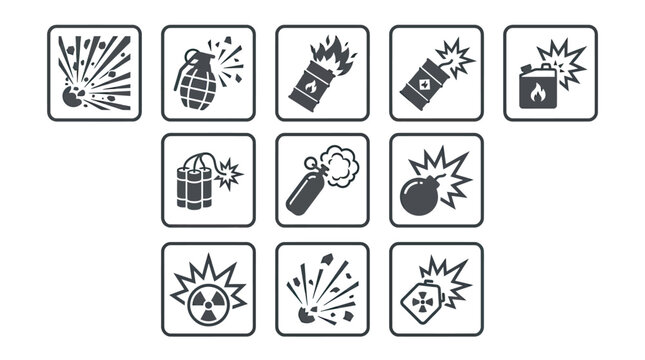 Set of explosive device and hazard icons in flat style