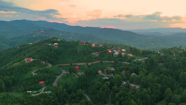 Mountain neighborhood around Gatlinburg, Tennessee with luxury cabins, winding roads and panoramic Smoky Mountain scenery