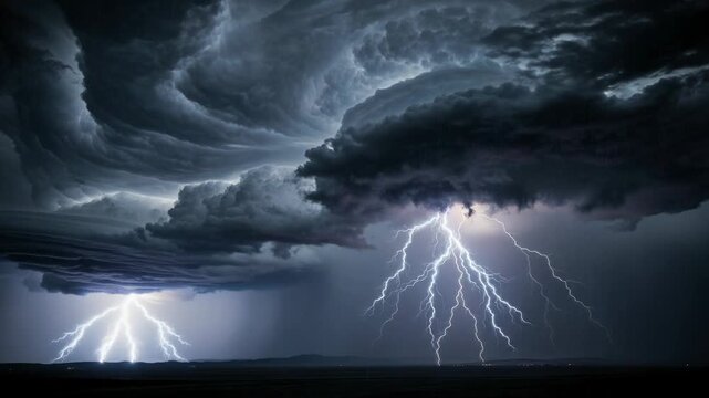 Dramatic lightning storm with dark swirling clouds illuminating intense thunderbolts over flat landscape