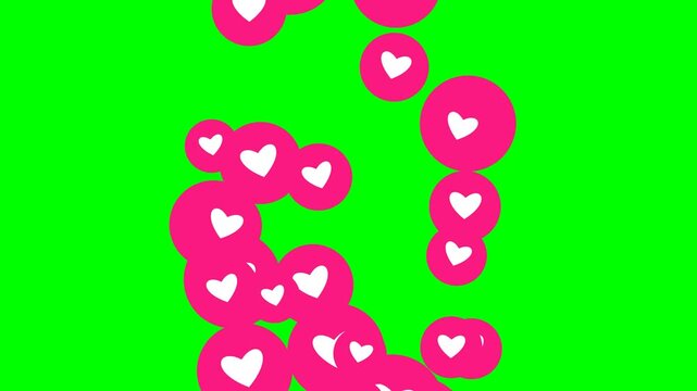 Social media heart love react icons floating up on a green screen key background, perfect overlay template for live streams, marketing videos, and digital content creation