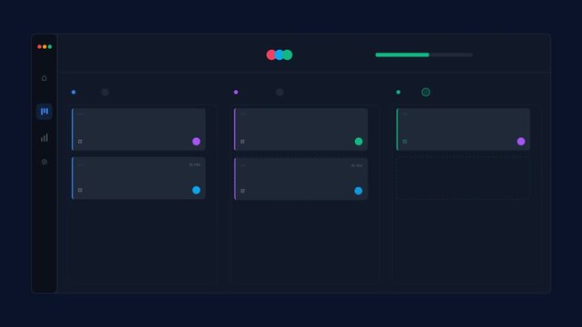 Modern dark mode digital dashboard interface featuring organized task cards, progress bars, and vibrant colorful accents for data visualization and management apps.