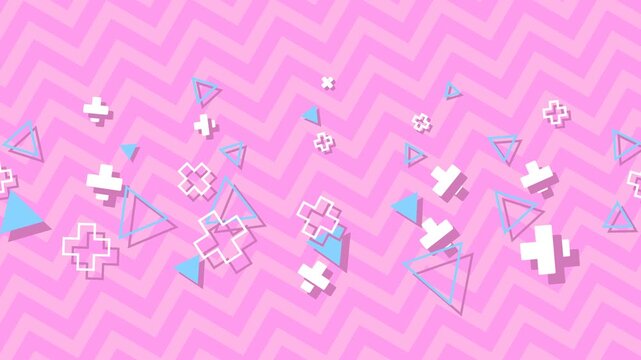 Retro 90s memphis background animation with colorful abstract geometric shapes like blue triangles and white crosses floating on a pink zigzag chevron pattern backdrop, ideal loop template