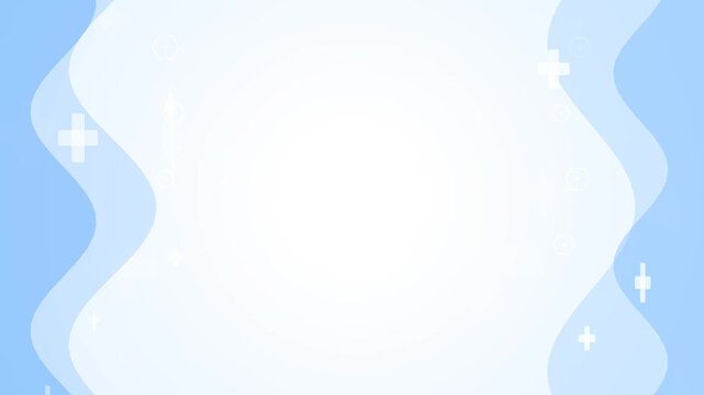 Abstract medical background animation featuring soft blue wavy frames, floating white cross signs, and thin network lines, creating a clean healthcare template with central copy space