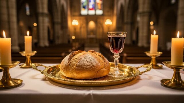 Holy communion setup with bread and wine on golden tray in church altar with candles
